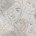 פנים נשיות מופשטות בקווים שחורים על רקע אפור ובז'