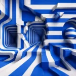 מנהרה מופשטת עם פסים כחולים ולבנים, אשליה תלת-ממדית גיאומטרית