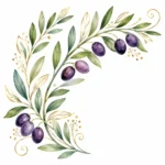 ענף זית מצויר בצבעי מים, עלים ירוקים וזיתים סגולים עם נגיעות זהב