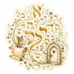 עכבר קטן על מגילה עם אותיות עבריות, מוקף בגפנים פרחוניים בצבעי זהב, קרם ופסטל
