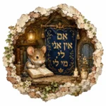 עכבר קורא ספר בפינה עם פנס, מוקף בספרים ודגל כחול עם כיתוב זהב. צבעים חומים, כחולים וזהובים.