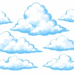 עננים מצוירים עם קווים כחולים על רקע לבן ותכלת, מראה משחקי ושובב