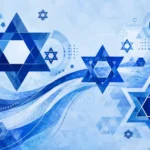 מוטיבים של מגן דוד בגווני כחול על רקע גאומטרי מופשט וקווים זורמים