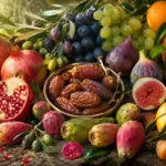 אוסף פירות מגוון בטפט עם רימונים, ענבים, תאנים, תמרים והדרים בצבעים חמים ועזים.