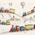 רכבת צעצוע צבעונית על מסילה מתפתלת, בצבעים אדום, כחול וצהוב, על רקע נוף גבעות ירוקות.
