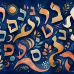 אותיות עבריות מעוצבות עם צמחייה דקורטיבית ואלמנטים שמימיים בגוונים של כחול, זהב ואפרסק.