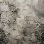 קיר בטון גס עם גוונים של אפור ובז', טלאים בלתי סדירים