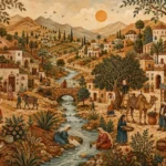 סצנה כפרית עם אנשים ליד נהר בצבעי חום, ירוק וכחול