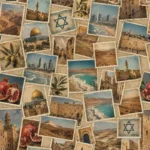 קולאז' גלויות וינטג' עם נופים מהמזרח התיכון, סמלים תרבותיים ופירות בגוונים חומים, כחולים ואדומים.