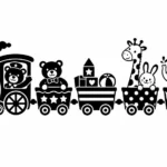 רכבת שחור-לבן עם דמויות חיות צעצוע כמו דוב, ג'ירפה, ארנב, פיל וציפור בסגנון קרטוני.