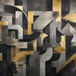 צורות גיאומטריות עם קימורים וזוויות בצבעי שחור, זהב ואפור