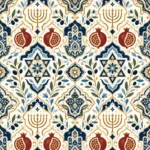 דוגמה חוזרת של מגן דוד, מנורה ורימונים בצבעי כחול, זהב ואדום.