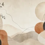 צורות אבסטרקטיות עם קווים עדינים בגווני בז', חום ושחור, בסגנון אורגני.