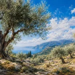עצי זית על רקע סלעים בנוף ים תיכוני, בצבעי כחול, ירוק ואדמתי