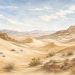 נוף מדברי עם דיונות חול ותצורות סלע, שמיים כחולים עם עננים, בצבעי חום וכחול