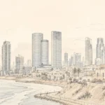 קו רקיע חופי עם גורדי שחקים מודרניים ובניינים היסטוריים בצבעי בז' ואפור, בסגנון רישום קווים וצבעי מים.