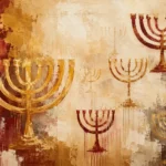 טפט עם מנורות חנוכייה בגווני זהב, אדום ובז', בעיצוב מופשט וטקסטורלי
