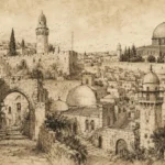 תמונת עיר עתיקה עם מבנים כיפתיים ואבניים בגווני ספיה, בסגנון סקיצה מפורט.