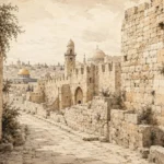 עיר אבן עתיקה עם חומות וכיפות בגוונים בז' וספיה, בסגנון ציור וינטג'.