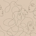 קווים שחורים של פנים נשיות על רקע בז', קווים זורמים ומינימליסטיים.