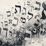 מגוון אותיות עבריות בשחור ואפור, מסודרות במיקומים וגדלים שונים בעיצוב מופשט.