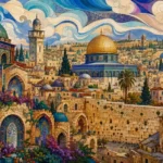נוף עירוני מזרח תיכוני עם מבנים כיפתיים, צבעי זהב וכחול, שמיים מסולסלים