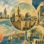 קולאז' נופים ים תיכוניים בצבעי כחול, בז' וירוק בסגנון צבעי מים