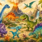 דינוזאורים מצוירים בצבעים עזים עם הר געש מתפרץ ברקע, גוונים של ירוק, כחול, כתום וסגול