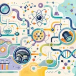 טפט עם מוטיבים מדעיים: DNA, מולקולות, מיקרוסקופים בצבעים כחול, סגול וירוק