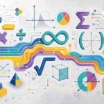 שילוב סמלים מתמטיים, גרפים וצורות גיאומטריות בצבעים כחול, סגול, צהוב וטורקיז.
