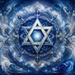 כוכב גאומטרי מוקף בתבניות מנדלה בגווני כחול ולבן, עם פרטים סימטריים.