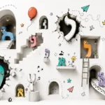 אותיות מצוירות בצבעים כחול, ורוד, כתום וירוק עם עיניים וגפיים בסגנון שובב.