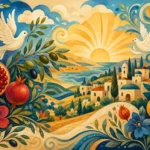 נוף ים תיכוני עם יונים, רימונים וכפר בצבעים כחול, כתום וירוק בסגנון תוסס