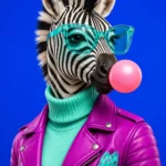 זברה עם משקפיים טורקיז וז'קט מג'נטה נושפת מסטיק ורוד על רקע כחול