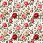 ורדים בגווני ורוד, אדום וקרם עם עלים ירוקים וניצנים בעיצוב ריאליסטי בוטני וינטג'.