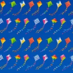 עפיפונים צבעוניים עם דפוסים של פסים, נקודות ומשובץ על רקע כחול