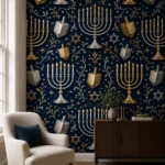 טפט מנורות חנוכה וסביבונים על קיר בסלון עם ספה כחולה ושולחן קטן