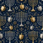 מנורות חנוכה, סביבונים וכוכבי דוד בגווני כסף וזהב על רקע כחול עמוק