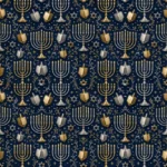 מנורות חנוכה, סביבונים וכוכבי דוד בגווני כסף וזהב על רקע כחול עמוק