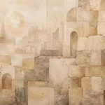 דימוי מופשט של מבנים ארכיטקטוניים עם קשתות ובלוקים בצבעי בז', קרם וחום בהיר