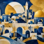 טפט עם צורות גיאומטריות וקשתות בגווני כחול, זהב ולבן