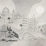 קו מתאר של עיר עם ארכיטקטורה היסטורית ומודרנית, בגווני אפור