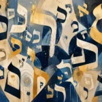 אותיות עבריות מופשטות בצבעי כחול, זהב ולבן, יוצרות מראה דינמי ומרקם עשיר