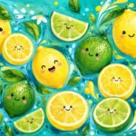 לימונים וליים עם פרצופים מצוירים על רקע כחול, בצבעים צהוב וירוק.
