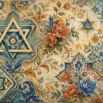 מוטיבים פרחוניים עם כוכבים גיאומטריים בגווני כחול וטורקיז על רקע חמימי