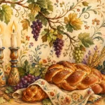 נרות על מחזיקים מעוטרים, מוקפים בענבים וגפנים, לחם קלוע בצבעים חום, ירוק וסגול