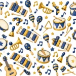 כלי נגינה כמו גיטרות, תופים ומאראקסים עם תווים מוזיקליים בכחול וזהב