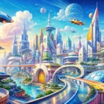 עיצוב עיר עתידנית עם מכוניות מרחפות וגורדי שחקים בגווני כחול, כתום וירוק