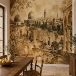 טפט נוף עיר היסטורי עם כיפות על קיר בסלון עם ספה אפורה ושולחן עץ כהה