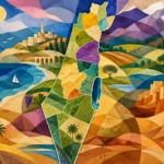 נוף מופשט עם שכבת מפה צבעונית בגווני כחול וירוק, סגנון גיאומטרי